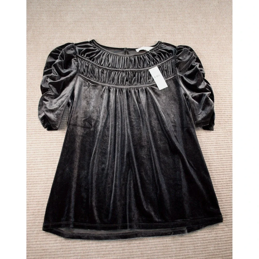 NWT LOFT Black Velvet Ruched Yoke Summer Goth Puff Sleeve Blouse XS